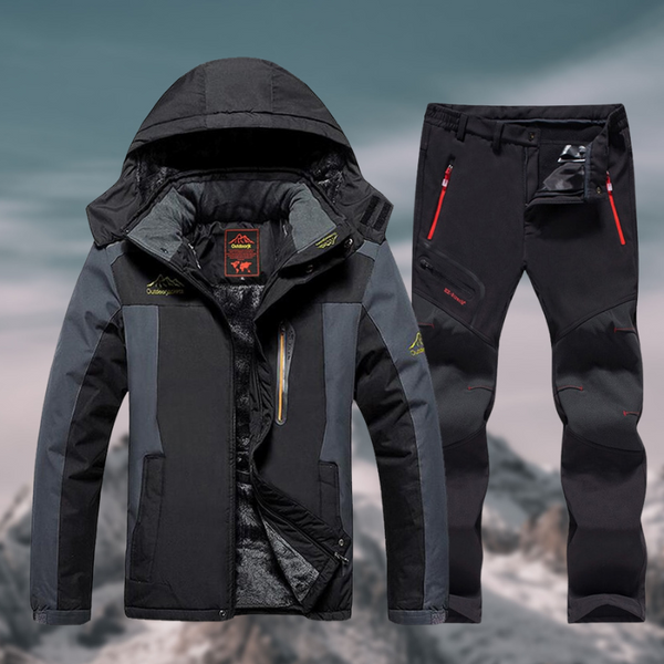 Veste et pantalon de randonnée imperméables pour homme, couleur noire et grise, avec capuche et poches zippées, adaptés aux activités en montagne.