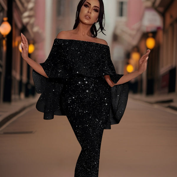 Robe noire à paillettes portée par une femme élégante dans une rue urbaine éclairée, mode glamour, soirée chic, style moderne.