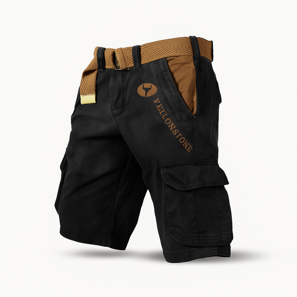 Short cargo noir avec ceinture marron, poches latérales, logo Yellowstone. Style décontracté, mode homme, vêtements d'extérieur.