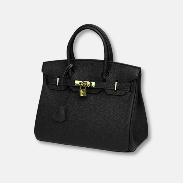 Sac à main noir en cuir de luxe avec fermoir doré, design élégant et intemporel, idéal pour mode féminine et accessoires haut de gamme.