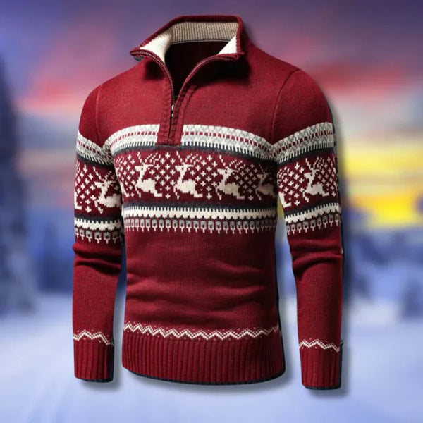 Pull-over rouge à motifs de rennes et flocons de neige, col zippé, style hivernal. Tricot chaud pour homme, idéal pour Noël et l'hiver.