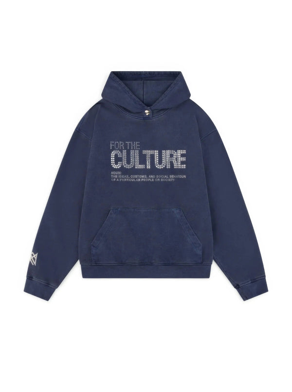 Sweat à capuche bleu marine avec inscription "For the Culture" en strass, poche kangourou, manches longues, style décontracté, mode urbaine tendance.