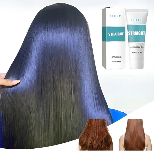 Cheveux lisses et brillants après utilisation du produit lissant Eelhoe, avec emballage visible. Transformation capillaire avant-après incluse.