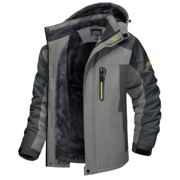 Veste d'hiver imperméable grise pour homme avec doublure en fourrure, capuche amovible et poches zippées, idéale pour le froid et les activités extérieures.