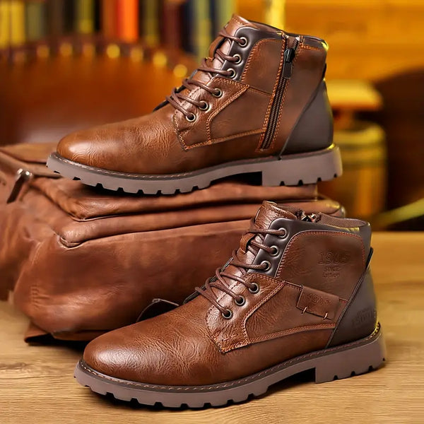 Bottes en cuir marron pour homme avec fermeture éclair, posées sur un sac en cuir assorti. Chaussures robustes, style décontracté, mode masculine.