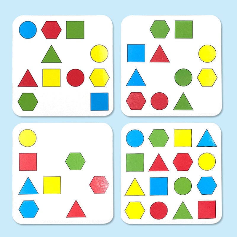 Quatre cartes blanches avec des formes géométriques colorées : carrés, cercles, triangles, hexagones en rouge, vert, bleu, jaune sur fond bleu.