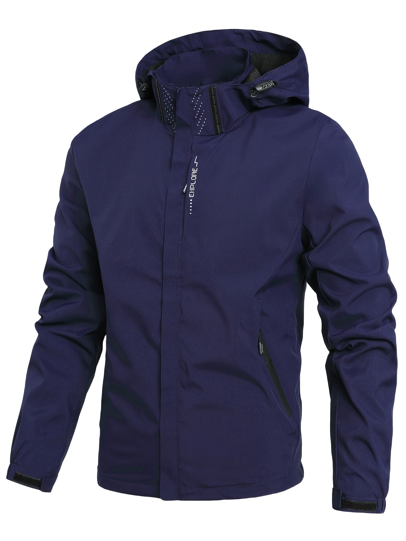 Veste imperméable bleu marine avec capuche, fermeture éclair, poches zippées. Idéale pour randonnée, activités extérieures, protection pluie.