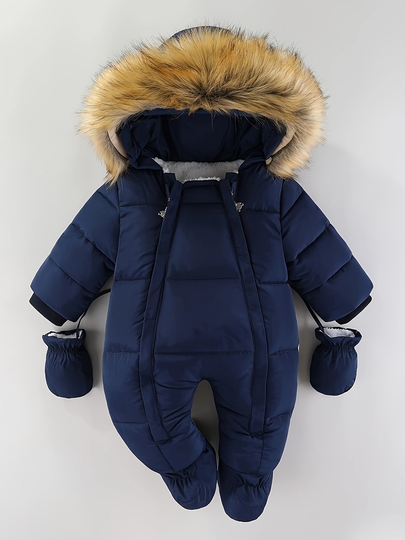 Combinaison bébé d'hiver bleue avec capuche en fourrure synthétique, gants assortis, idéale pour garder bébé au chaud. Vêtement chaud et confortable.