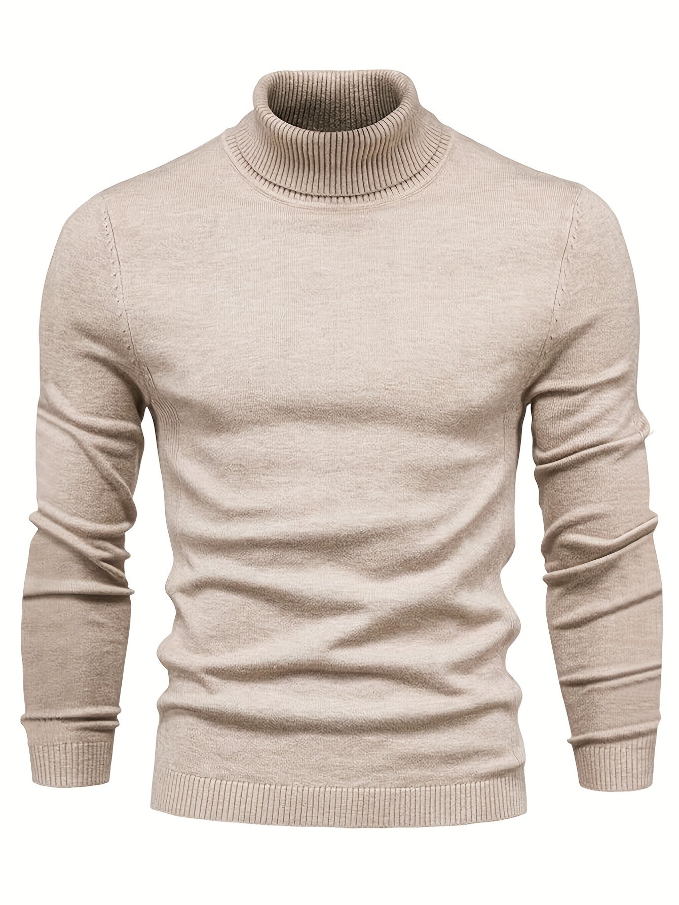 Pull col roulé beige pour homme, manches longues, tricoté, style élégant et moderne, idéal pour l'hiver et les tenues décontractées.