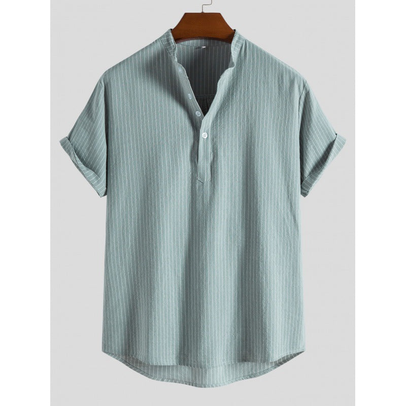 Camisa de lino a rayas para hombre con tapeta de medio botón
