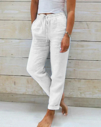 Pantalón de verano de lino con cintura elástica y cordón.