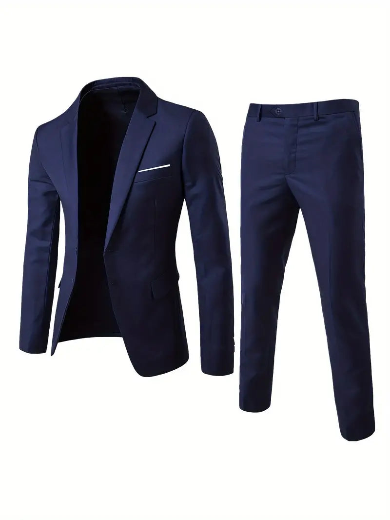 Costume homme bleu marine élégant, veste et pantalon assortis, style moderne, idéal pour affaires ou occasions formelles. Mode masculine chic.