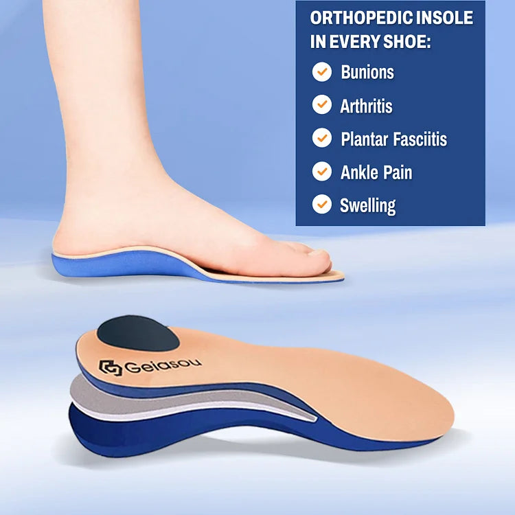 Semelle orthopédique Gelasou pour chaussures, soulage oignons, arthrite, fasciite plantaire, douleurs de cheville, gonflement. Confort et soutien.