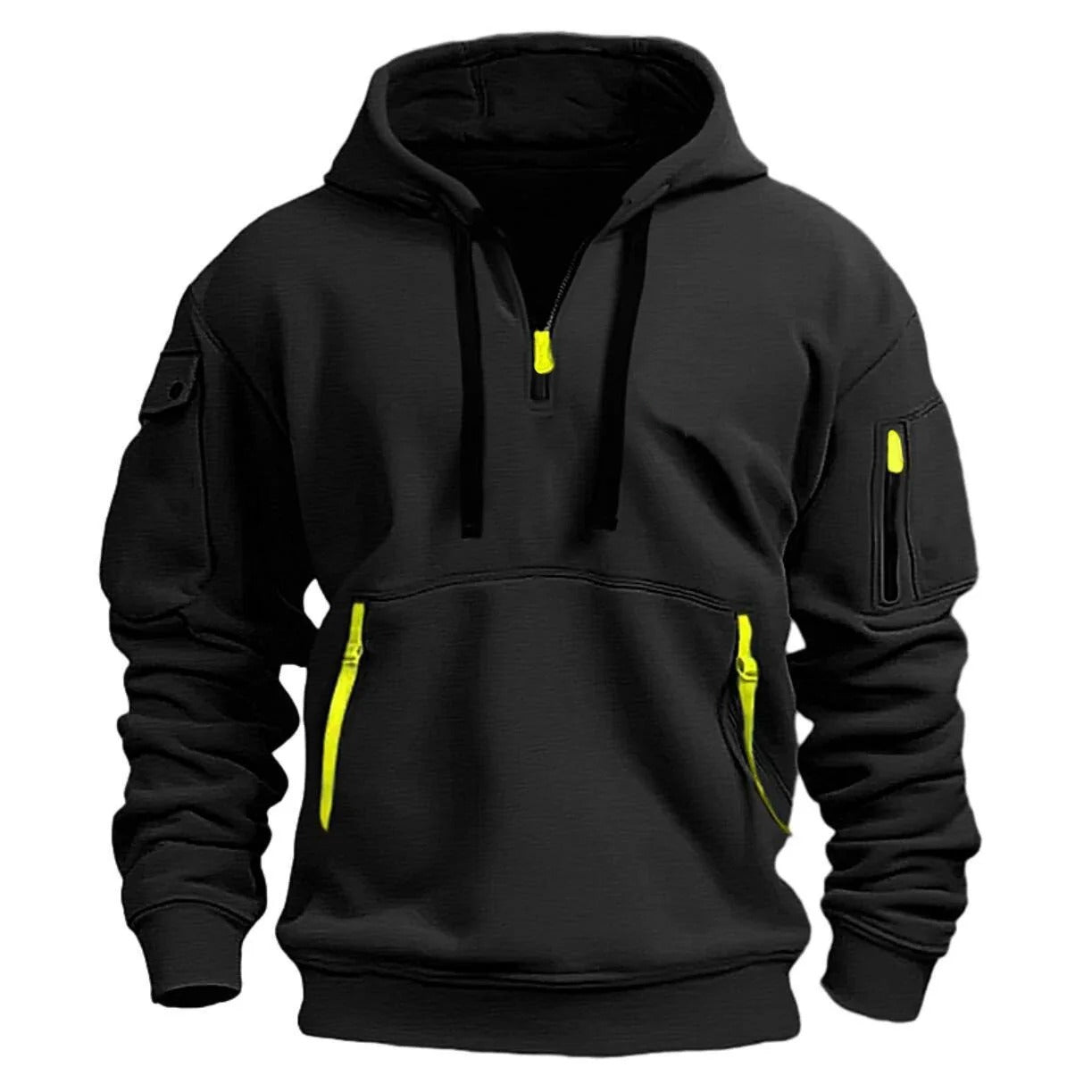 Sweat à capuche noir avec fermetures éclair jaunes, poches multiples et manches longues. Mode urbaine, style décontracté, vêtement tendance.