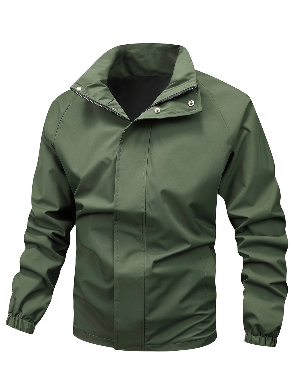 Veste imperméable verte pour homme avec col montant, fermeture éclair et boutons-pression, idéale pour la randonnée et les activités de plein air.