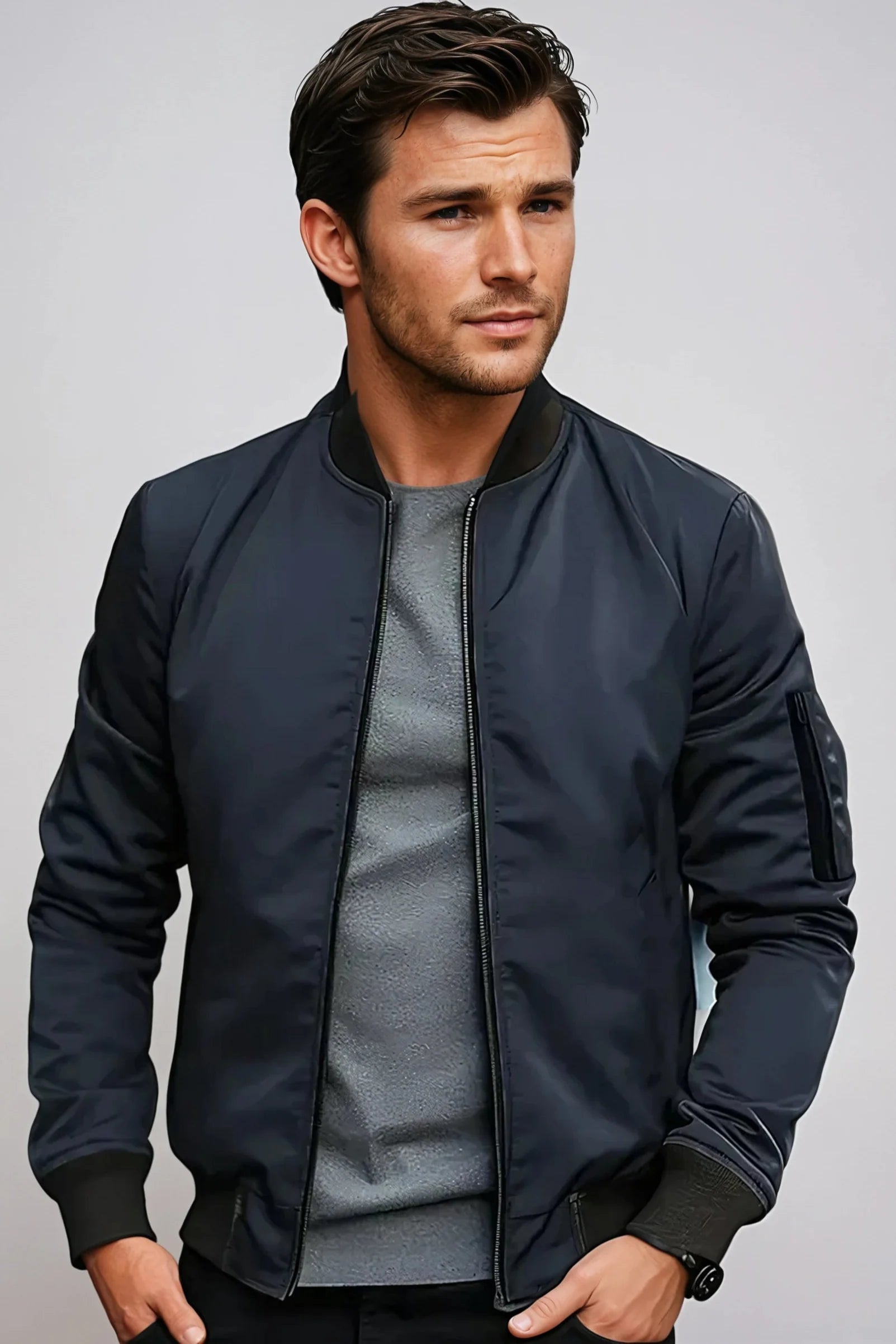Homme portant un blouson bomber bleu marine, t-shirt gris, posant avec assurance. Mode masculine, style décontracté, tendance vestimentaire.