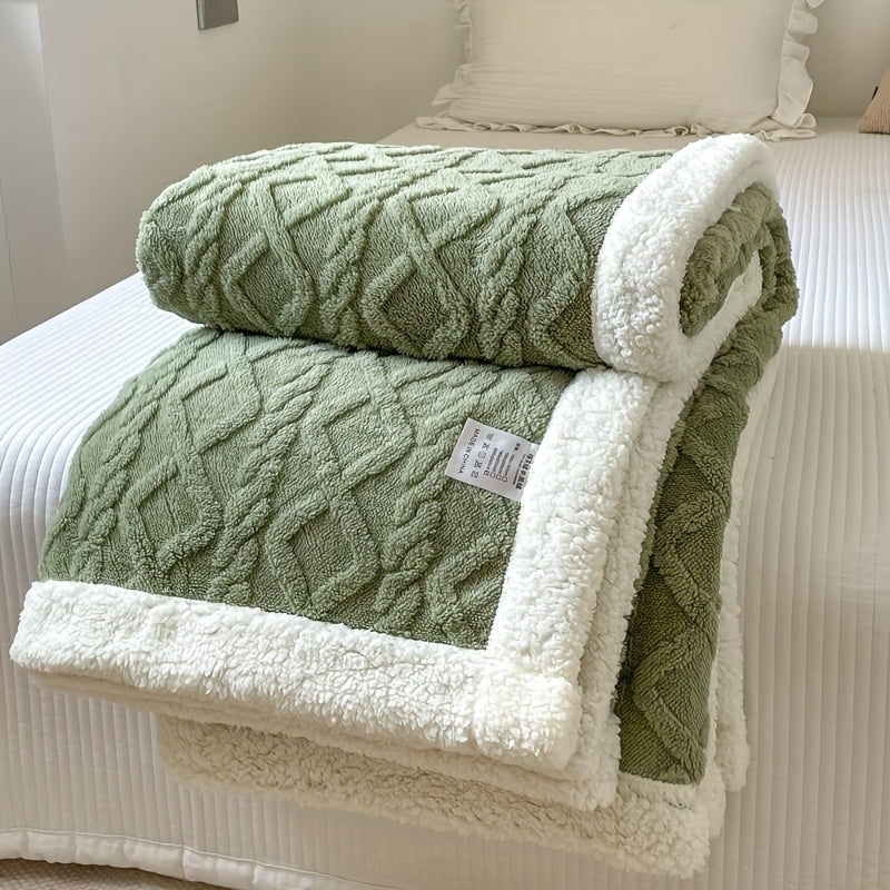 Couverture en laine verte texturée avec bordure blanche en peluche, posée sur un lit blanc. Décoration chambre, literie élégante, confort.