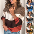 Femme portant un pull tricolore à rayures, manches longues, disponible en plusieurs couleurs. Mode automne-hiver, style décontracté et tendance.