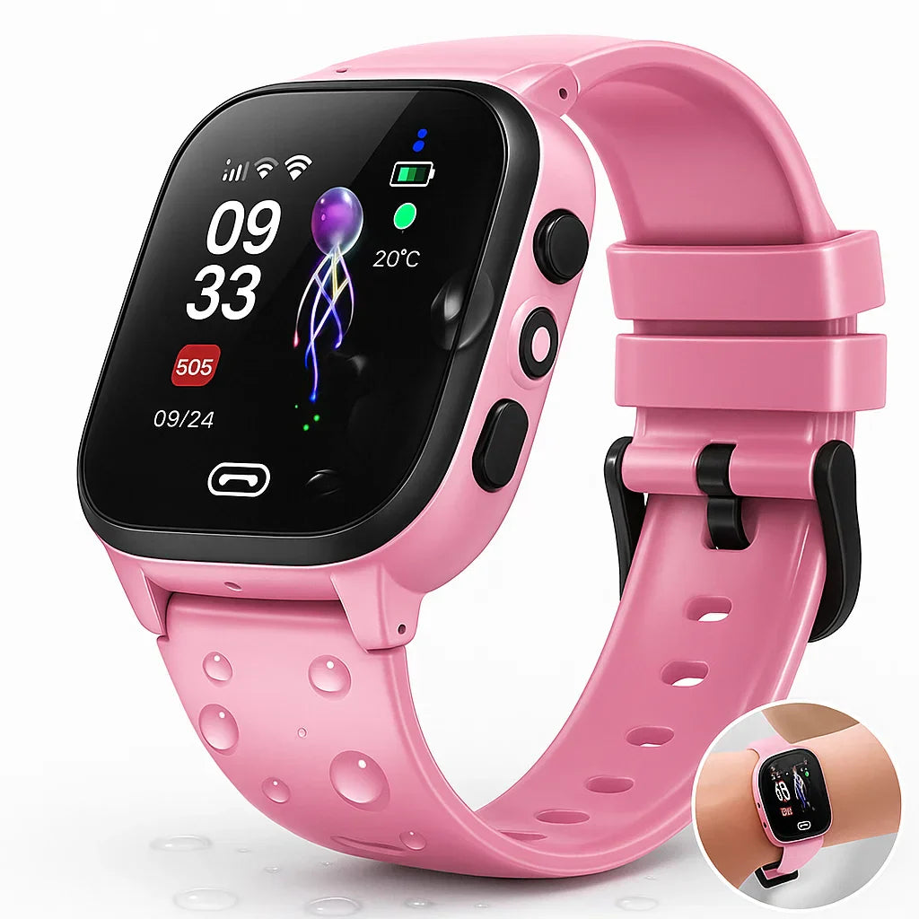 Montre connectée rose avec écran tactile affichant l'heure, la date, la température et des icônes de notifications. Bracelet en silicone perforé.