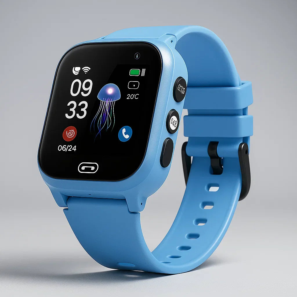 Montre connectée bleue avec écran tactile affichant l'heure, la météo et des icônes d'appels. Design moderne, bracelet ajustable.