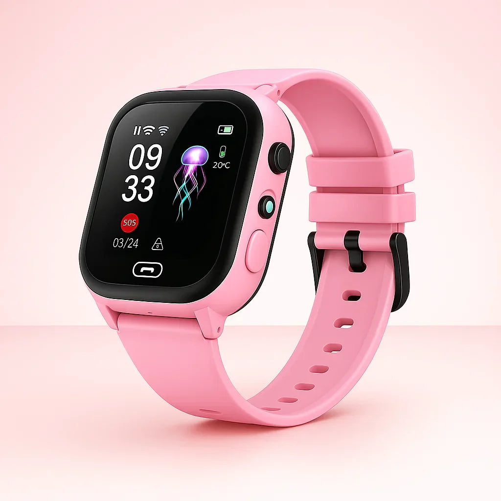 Montre connectée rose pour enfants avec écran tactile affichant l'heure, la météo et un bouton SOS. Bracelet ajustable, design moderne et fonctionnel.