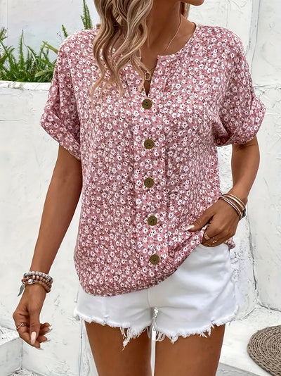 Blusa floral de manga corta con botones para mujer