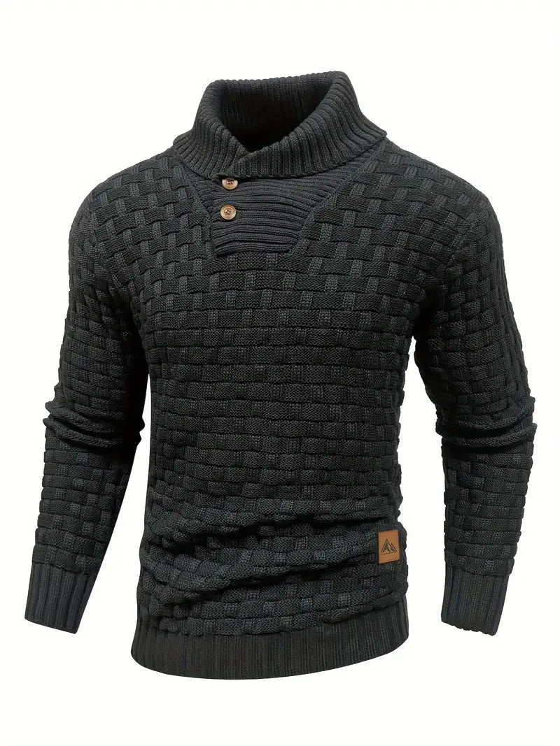 Pull en maille torsadée noir pour homme avec col montant et boutons en bois, style élégant et moderne, idéal pour l'hiver et la mode masculine.
