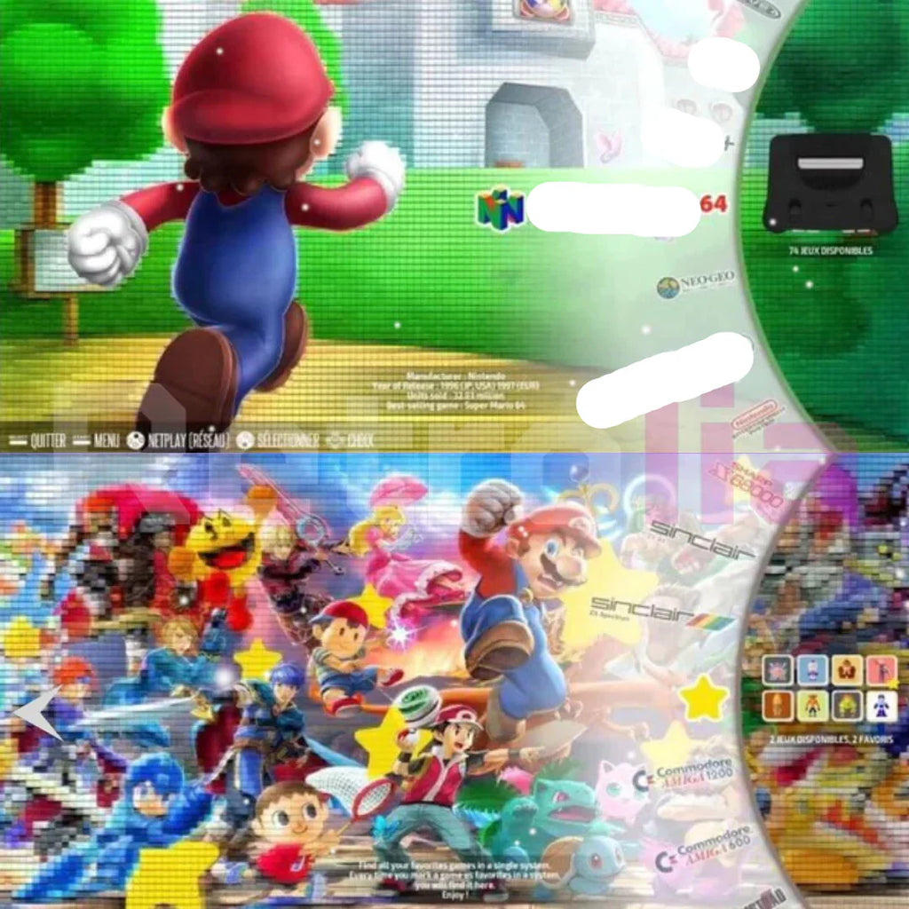 Personnage de jeu vidéo en costume rouge et bleu sautant dans un décor coloré avec d'autres personnages. Thème Nintendo, ambiance rétro et moderne.