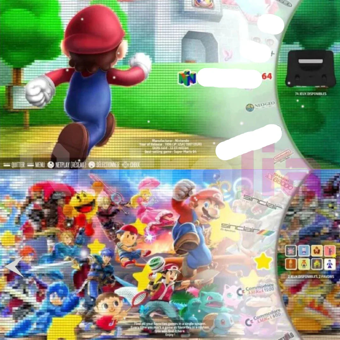 Personnage de jeu vidéo en costume rouge et bleu sautant dans un décor coloré avec d'autres personnages. Thème Nintendo, ambiance rétro et moderne.