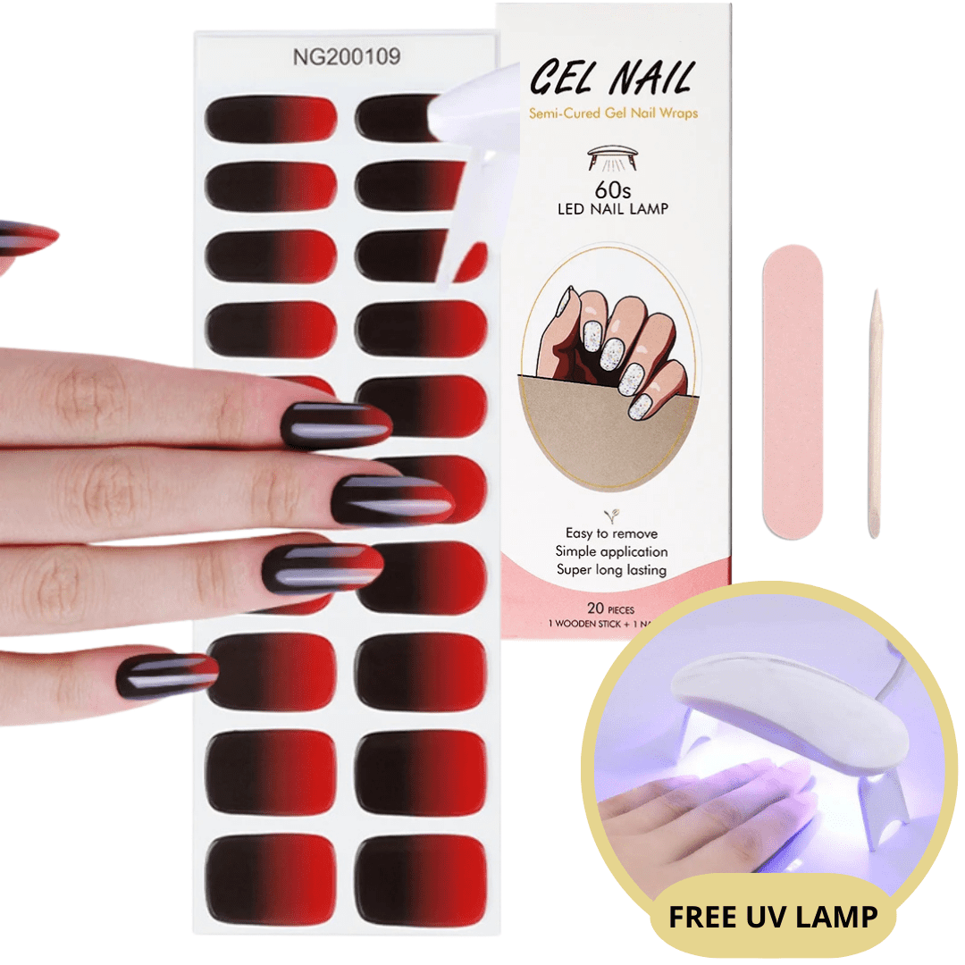 Autocollants ongles gel semi-permanents rouges et noirs, kit manucure avec lime, bâtonnet bois, lampe UV gratuite. Application facile, longue tenue.