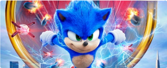 Hérisson bleu rapide avec des éclairs, entouré de drones et explosions, fond urbain. Personnage de jeu vidéo célèbre, action intense.