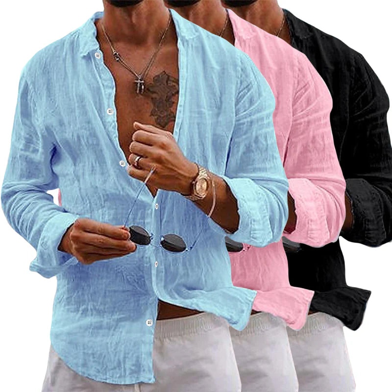 Homme portant chemise en lin décontractée, manches longues, disponible en bleu, rose et noir, idéale pour l'été et la plage. Mode masculine tendance.