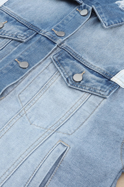 Veste en denim élégante avec patchwork et ourlet effiloché - Femmes