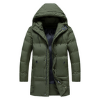 Manteau d'hiver long vert kaki avec capuche, fermeture éclair, poches multiples. Veste chaude et élégante pour homme, idéale pour temps froid.