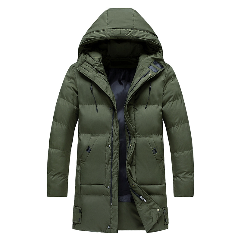 Manteau d'hiver long vert kaki avec capuche, fermeture éclair, poches multiples. Veste chaude et élégante pour homme, idéale pour temps froid.