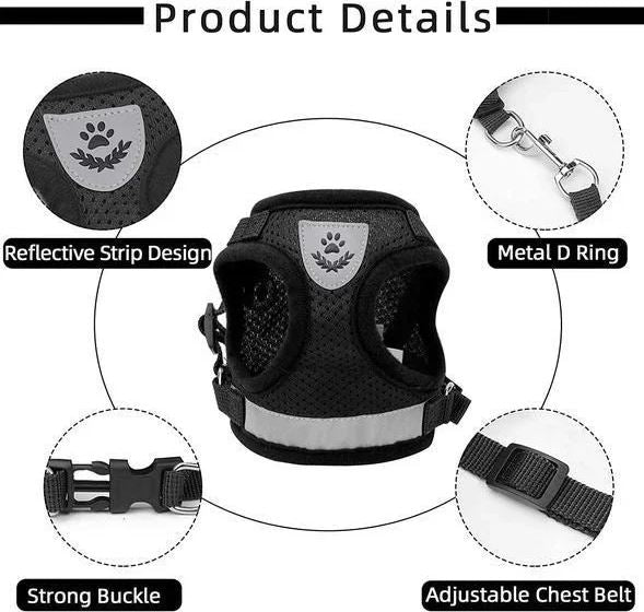 Harnais pour chien noir avec bande réfléchissante, boucle solide, anneau en D métallique, ceinture de poitrine réglable. Accessoire sécurité chien.