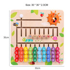 Jeu éducatif en bois pour enfants, abaque coloré avec chiffres et symboles mathématiques, décoré d'animaux et de motifs solaires, 30x30 cm.