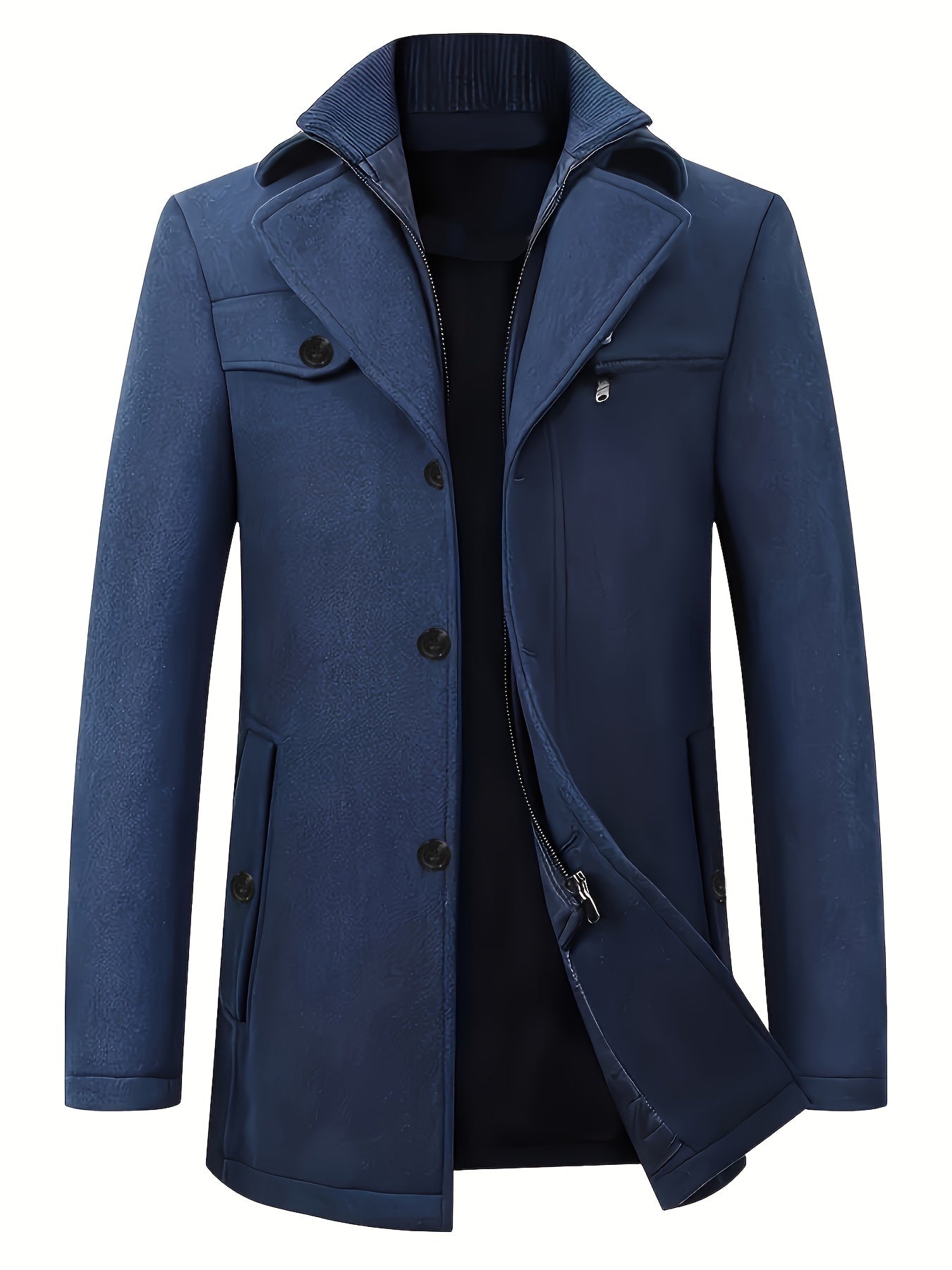 Manteau homme bleu marine élégant, col montant, fermeture éclair et boutons, poches latérales, style moderne et chic, idéal pour l'hiver.