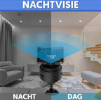 Caméra de sécurité intérieure avec vision nocturne, angle de vue 150°, installée dans un salon moderne. Surveillance jour et nuit efficace.