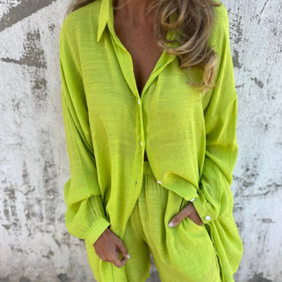 Conjunto de lino aireado: blusa y pantalones cortos de talla grande