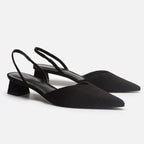 Chaussures slingback noires élégantes à talons bas, design pointu, idéales pour un look chic et moderne. Mode féminine, confort et style.