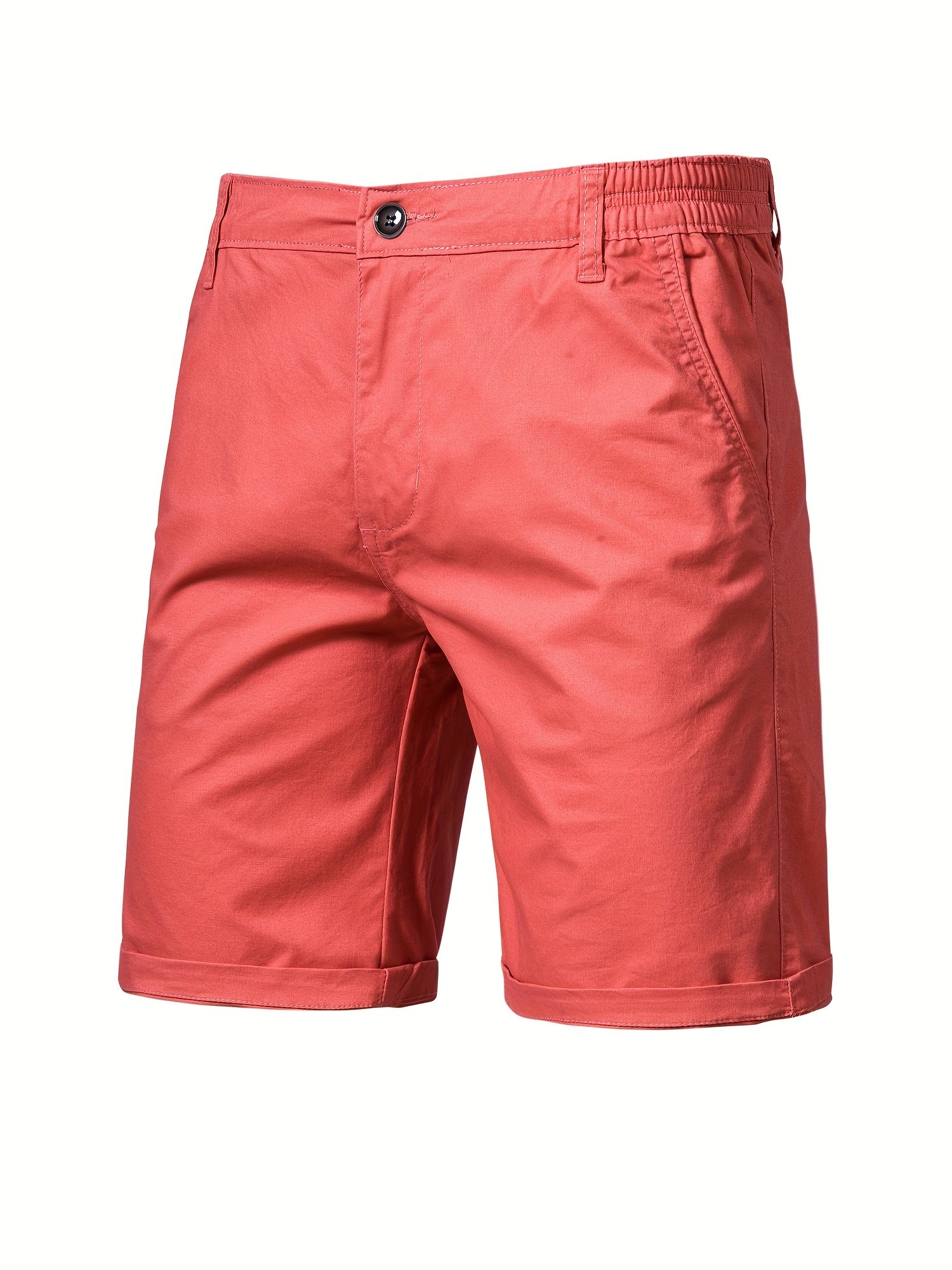 Short en coton rouge corail pour homme, coupe droite, avec poches latérales et taille élastique. Mode estivale, vêtement décontracté.