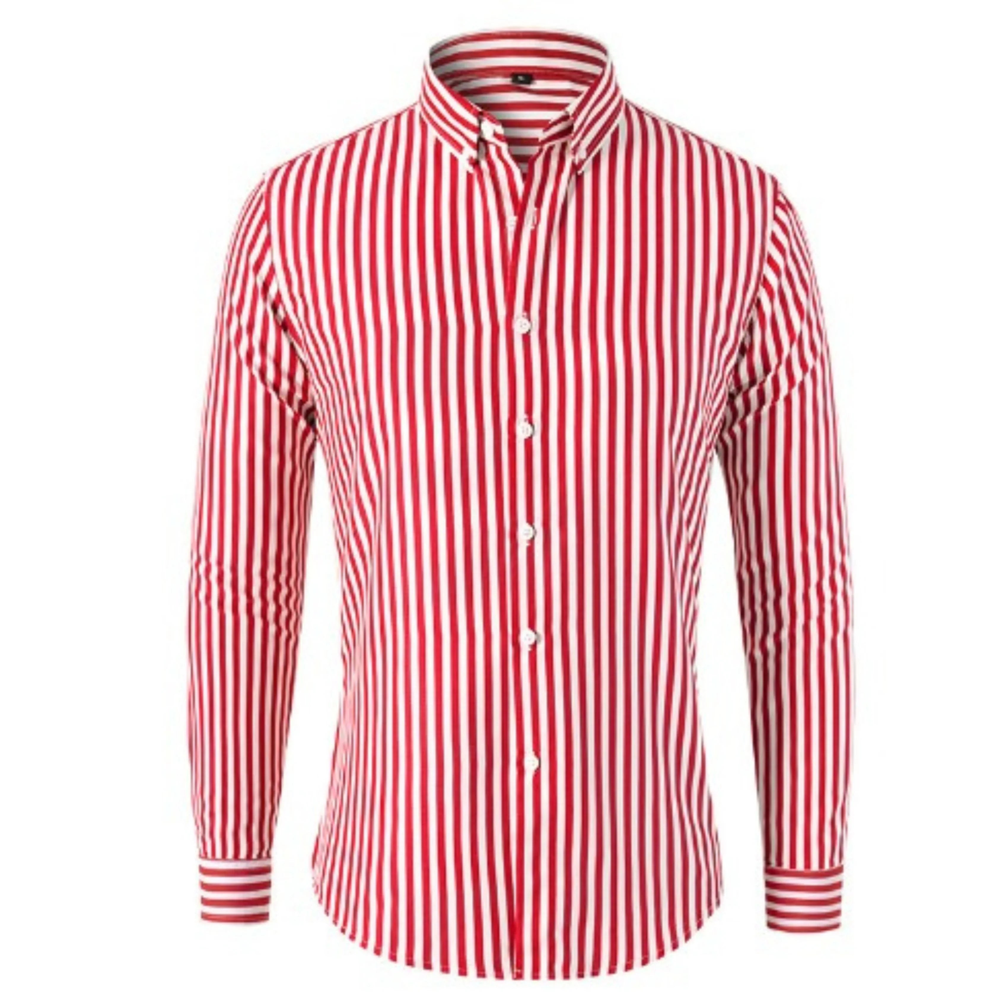 Chemise à rayures rouges et blanches pour homme, manches longues, col boutonné, style élégant et moderne, mode masculine tendance.