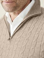 Homme portant un pull torsadé beige avec fermeture éclair, col chemise blanc visible. Mode masculine élégante, style automne-hiver, vêtements en laine.