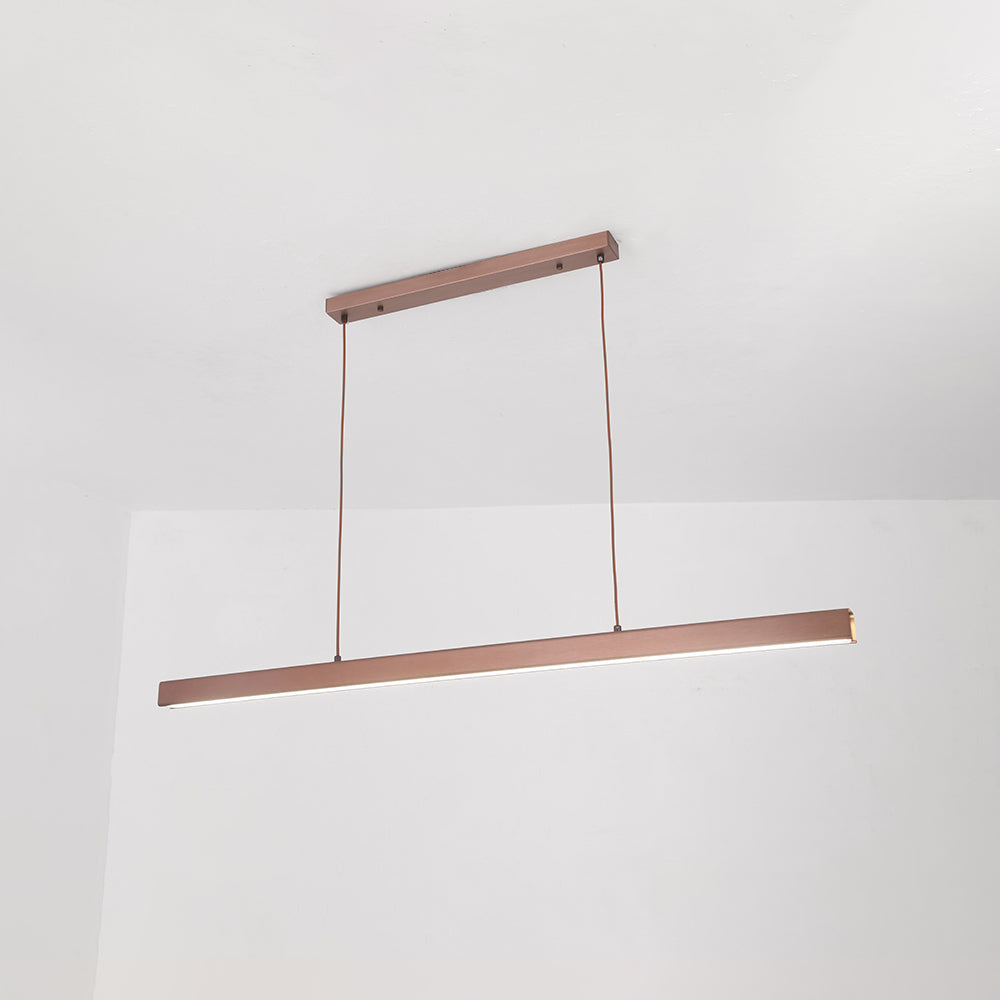 Suspension LED moderne en métal cuivré, design minimaliste, éclairage intérieur, idéale pour cuisine ou salle à manger, style contemporain.