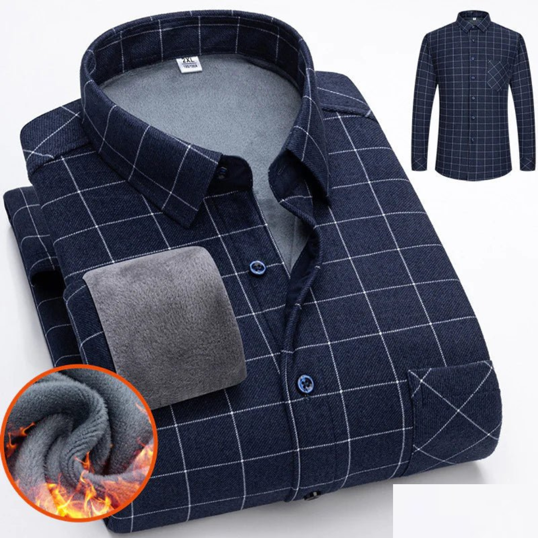 Chemise à carreaux bleue pour homme, doublée en polaire, manches longues, col classique, idéale pour l'hiver, style décontracté et élégant.
