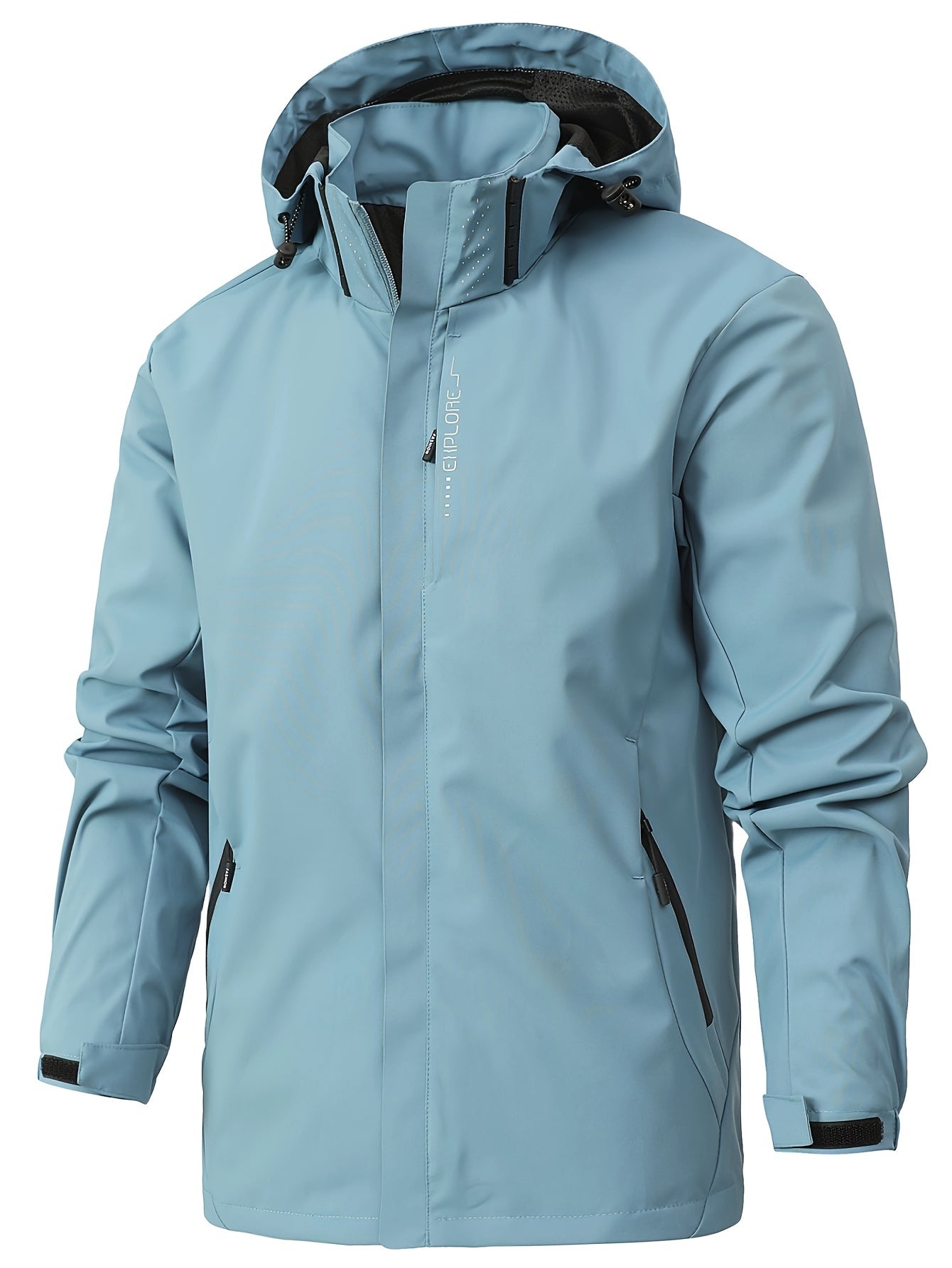 Veste imperméable bleu clair avec capuche, poches zippées et fermeture éclair frontale. Idéale pour randonnée et activités extérieures.
