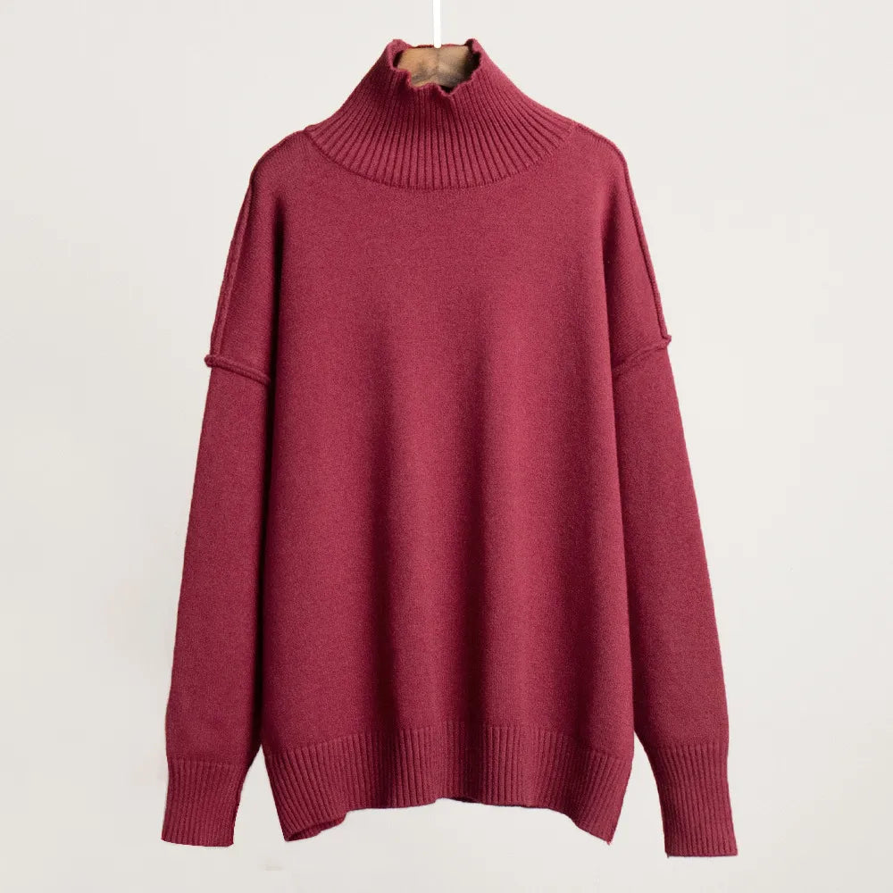 Pull col roulé rouge bordeaux en laine, manches longues, style décontracté, idéal pour l'hiver. Mode femme, vêtement chaud et confortable.