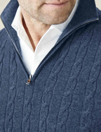 Homme portant un pull bleu à col zippé en maille torsadée sur une chemise blanche. Mode masculine élégante, tenue automne-hiver.