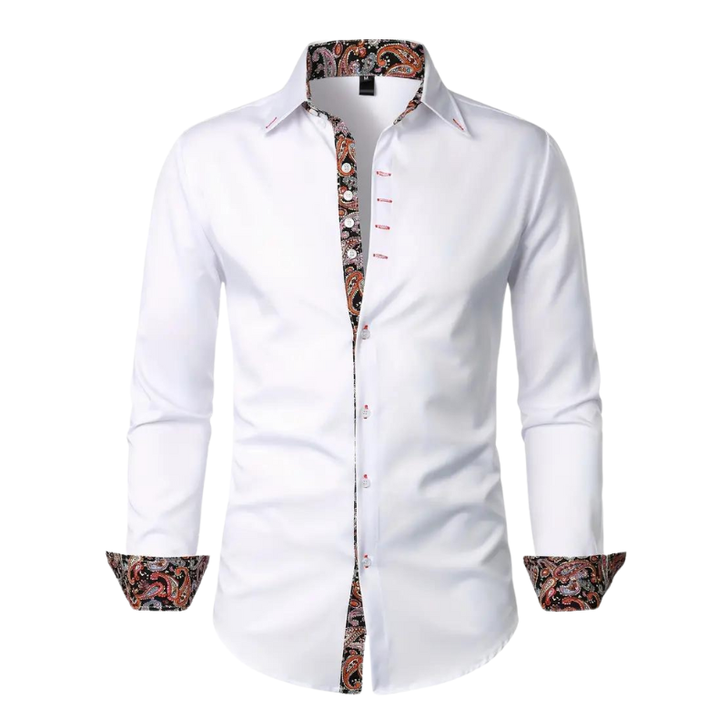 Chemise blanche élégante pour homme avec détails floraux colorés sur le col, les poignets et la boutonnière. Mode masculine, style chic et moderne.